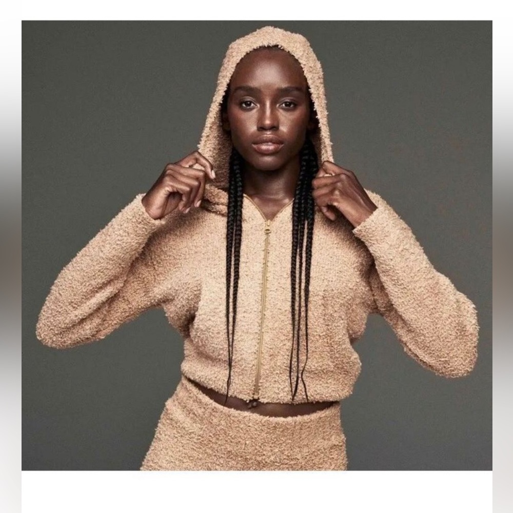 Skims Cozy Knit zip up hoodie and jogger set Camel L/XL NWT